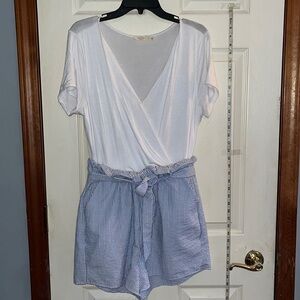 Francesca-large-short sleeve romper. White top ,blue/white striped bottoms.